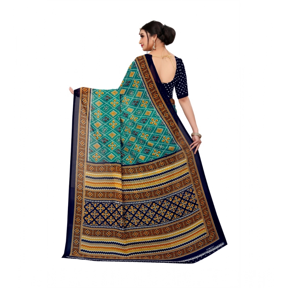 Generic Women's Georgette Floral Print Saree With Unstitched Blouse 5.5Mtr (Dark Green) - Image 2