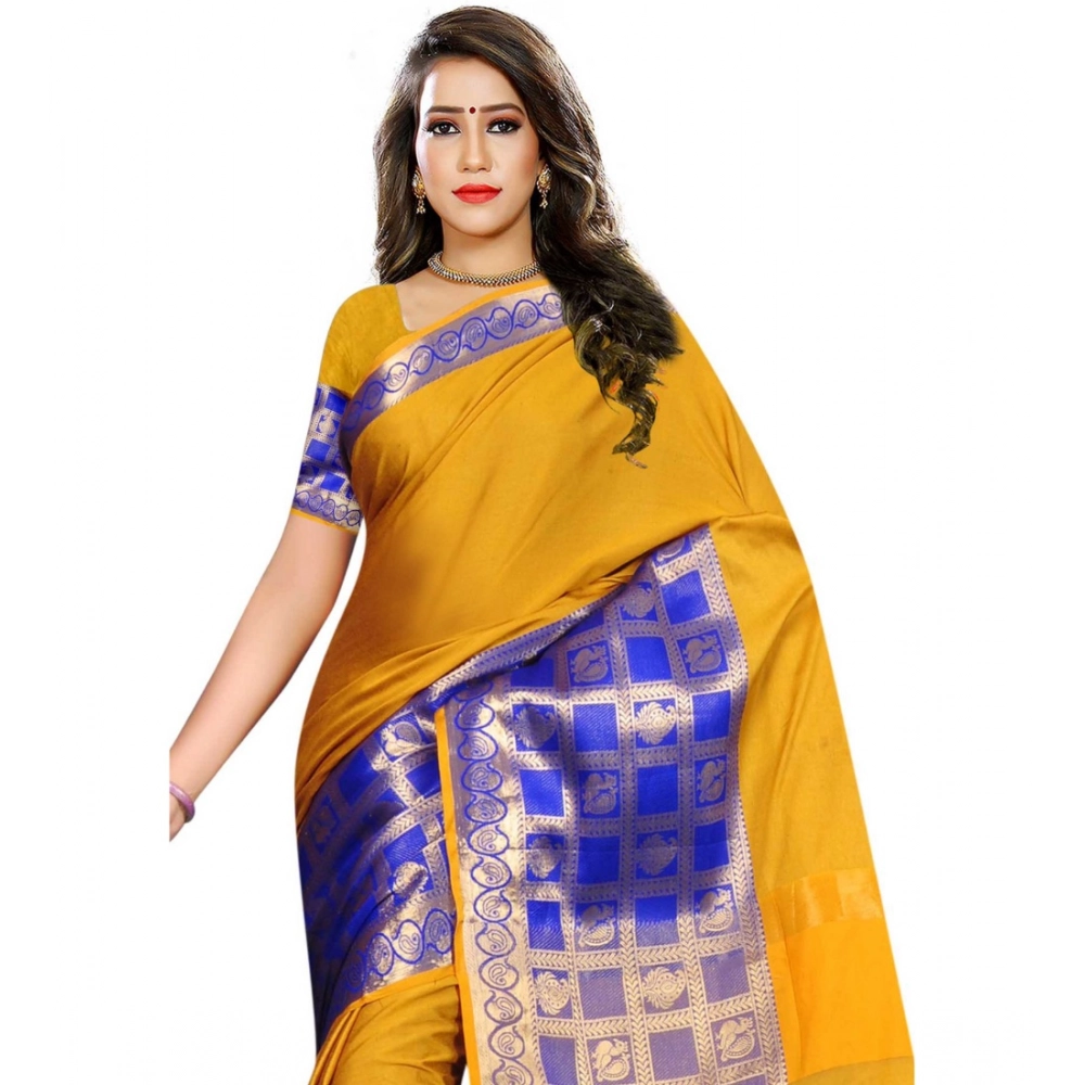 Generic Women's Jacquard Woven Saree With Unstitched Blouse 5.5Mtr (Mustard) - Image 4