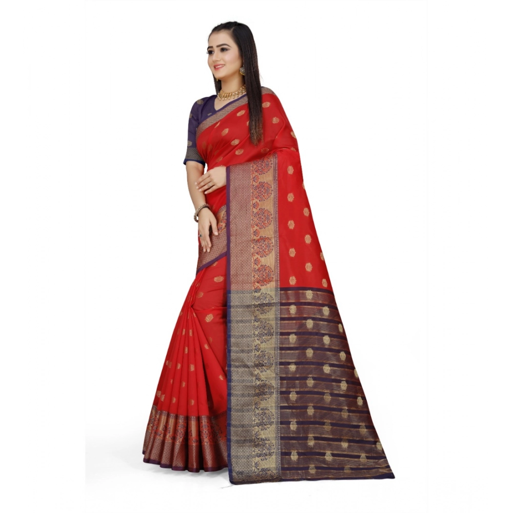 Generic Women's Jacquard Woven Saree With Unstitched Blouse 5.5Mtr (Red) - Image 4