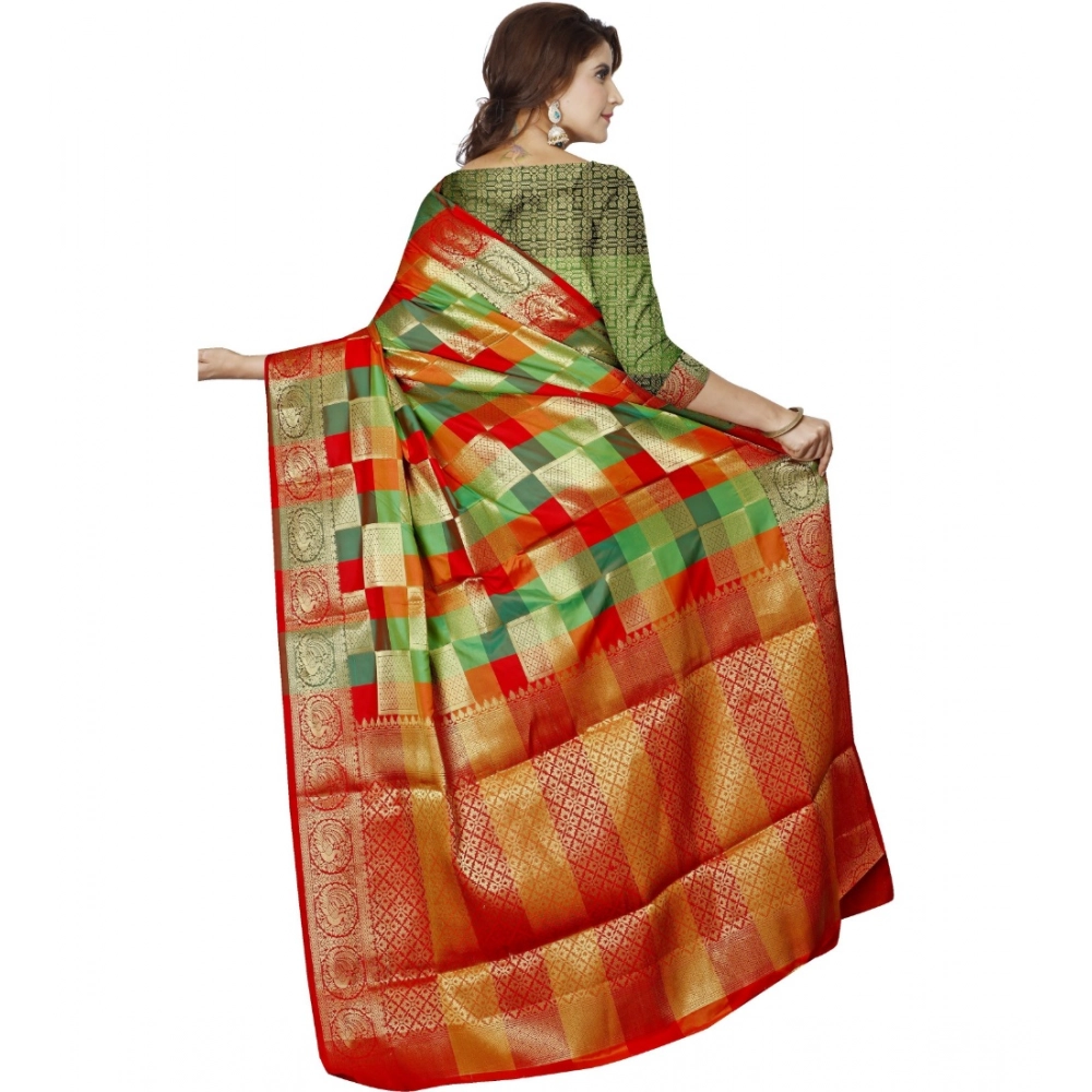 Generic Women's Jacquard Woven Saree With Unstitched Blouse 5.5Mtr (Red) - Image 2