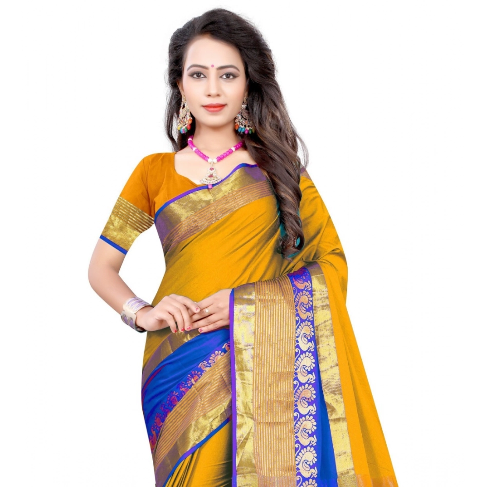 Generic Women's Jacquard Woven Saree With Unstitched Blouse 5.5Mtr (Yellow) - Image 4