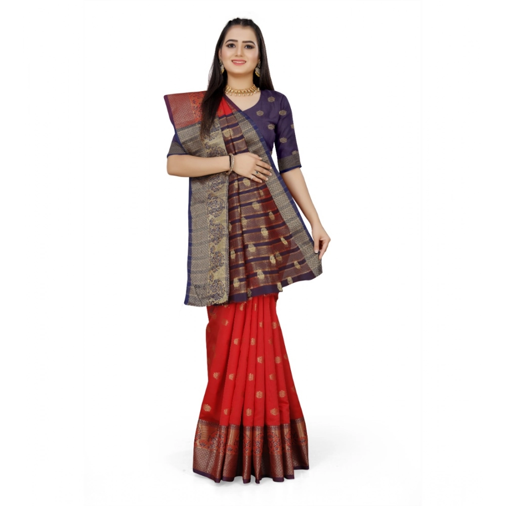 Generic Women's Jacquard Woven Saree With Unstitched Blouse 5.5Mtr (Red) - Image 2