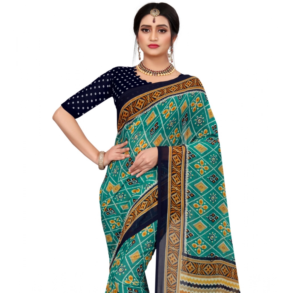 Generic Women's Georgette Floral Print Saree With Unstitched Blouse 5.5Mtr (Dark Green) - Image 4