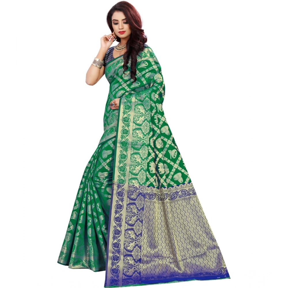 Generic Women's Jacquard Woven Saree With Unstitched Blouse 5.5Mtr (Green) - Image 2