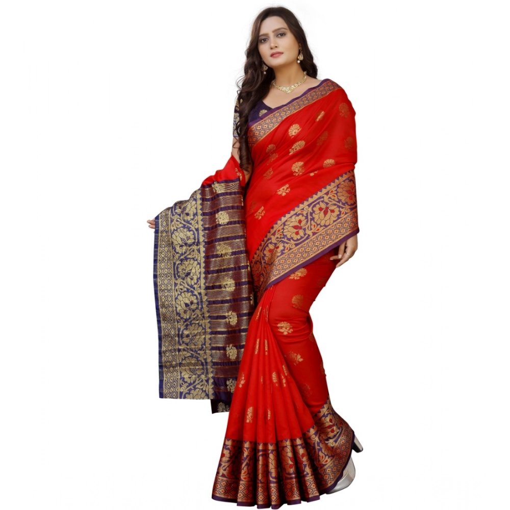 Generic Women's Silk Blend Woven Saree With Unstitched Blouse 5.5Mtr (Purple-Red) - Image 2
