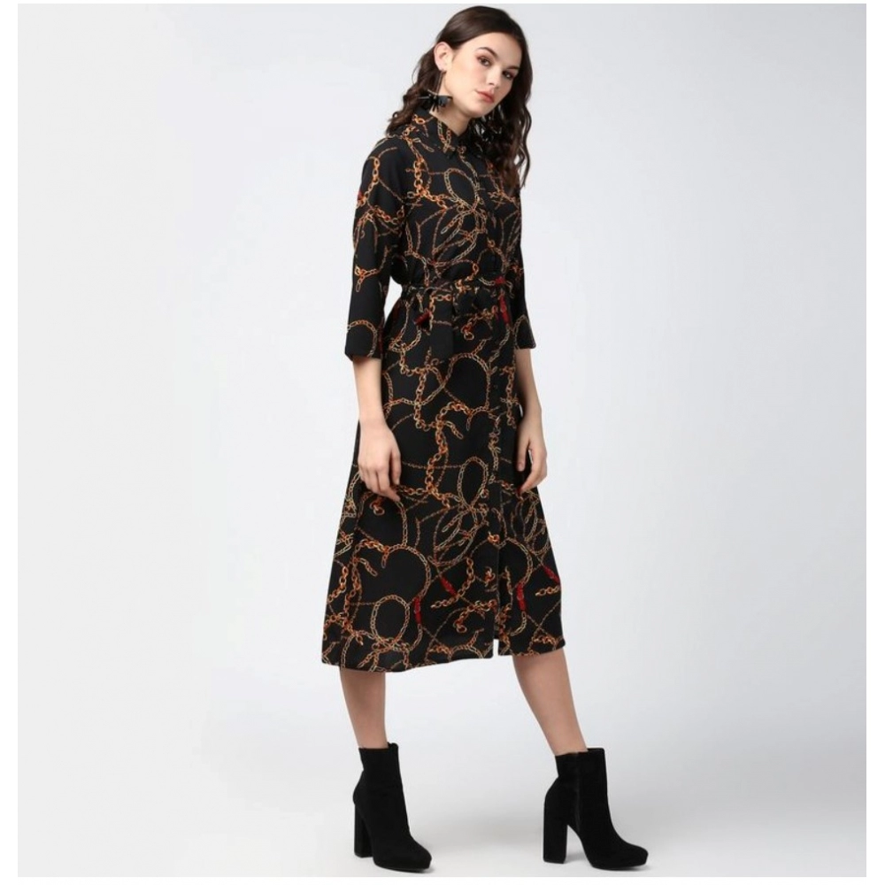 Generic Women's Polyester Chain Print Roll Up Sleeve Below Knee Dress (Black - Yellow) - Image 5