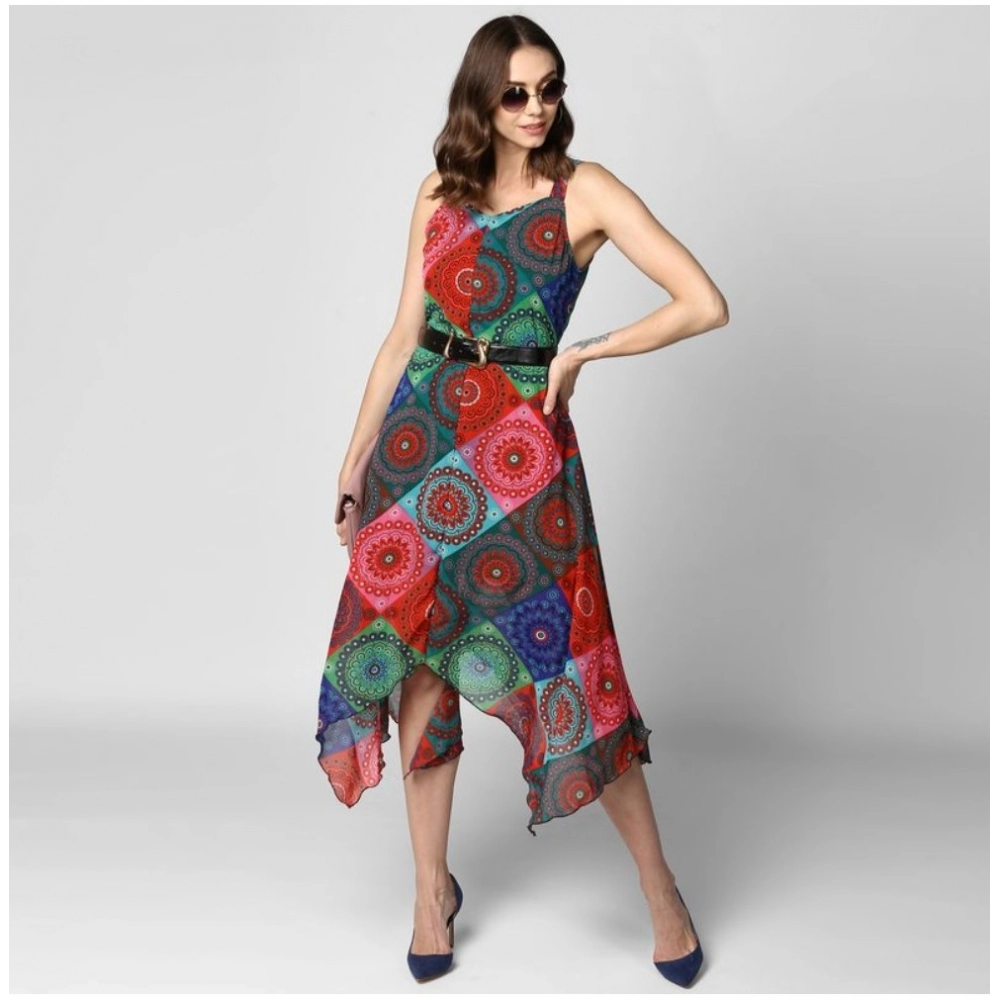 Generic Women's Polyester Asymmetrical Shoulder Straps Knee-Length Dress (Multicolor) - Image 3