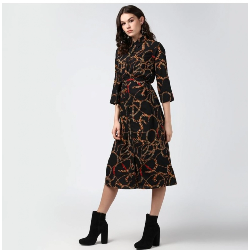Generic Women's Polyester Chain Print Roll Up Sleeve Below Knee Dress (Black - Yellow) - Image 6
