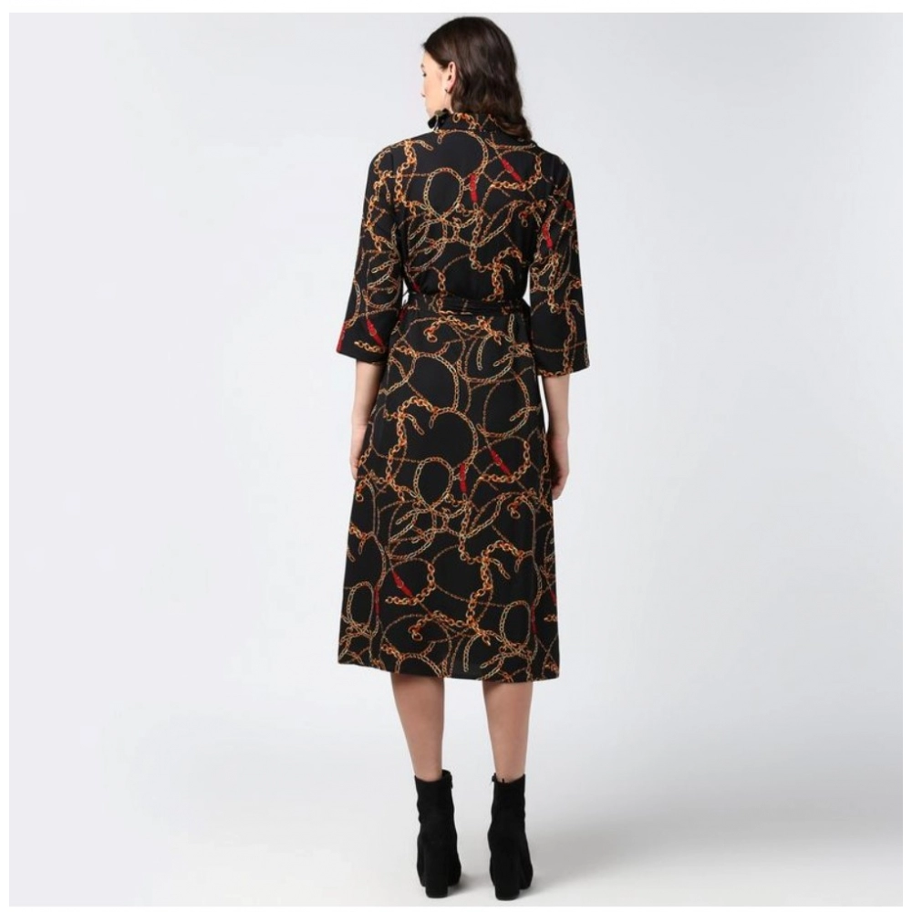 Generic Women's Polyester Chain Print Roll Up Sleeve Below Knee Dress (Black - Yellow) - Image 2
