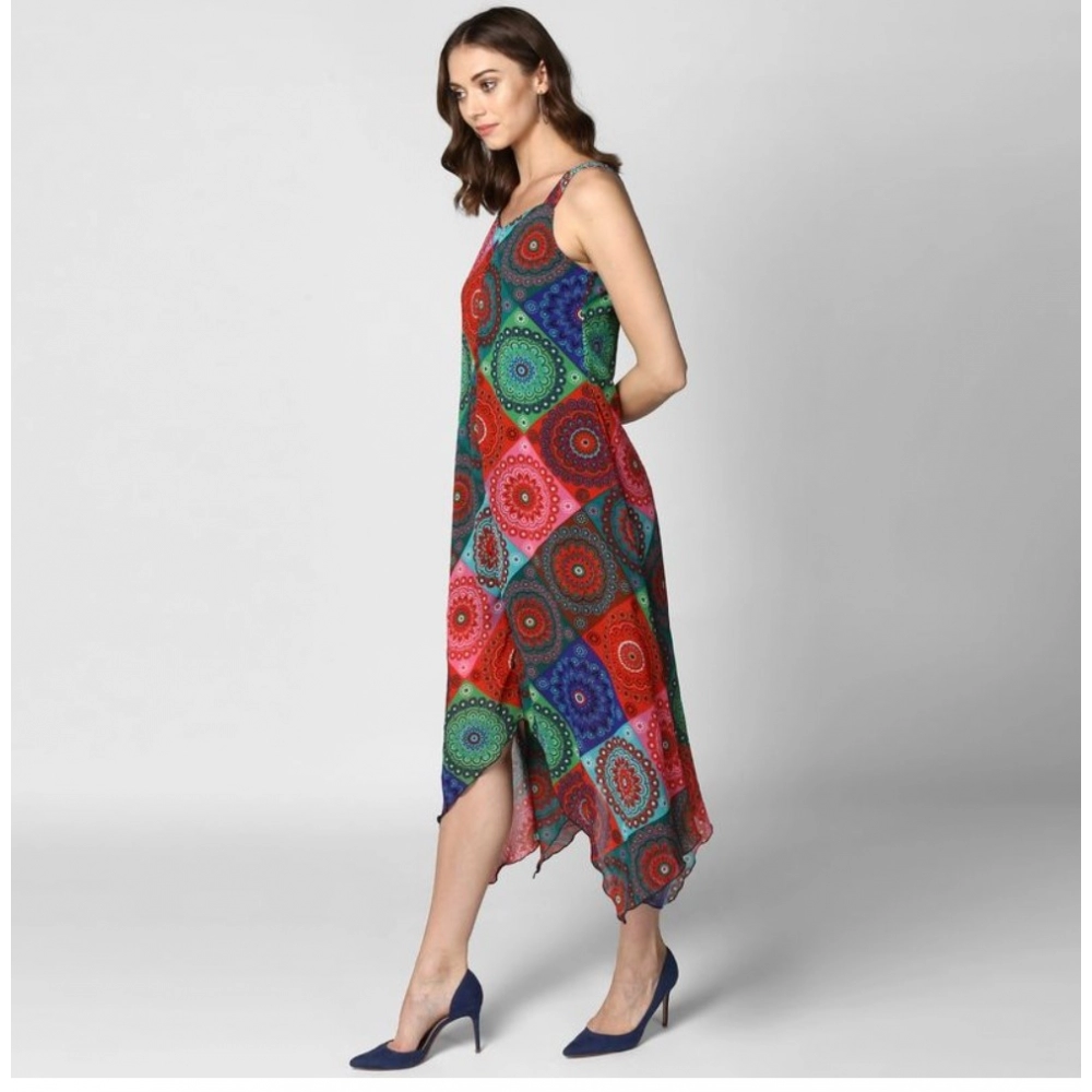Generic Women's Polyester Asymmetrical Shoulder Straps Knee-Length Dress (Multicolor) - Image 6