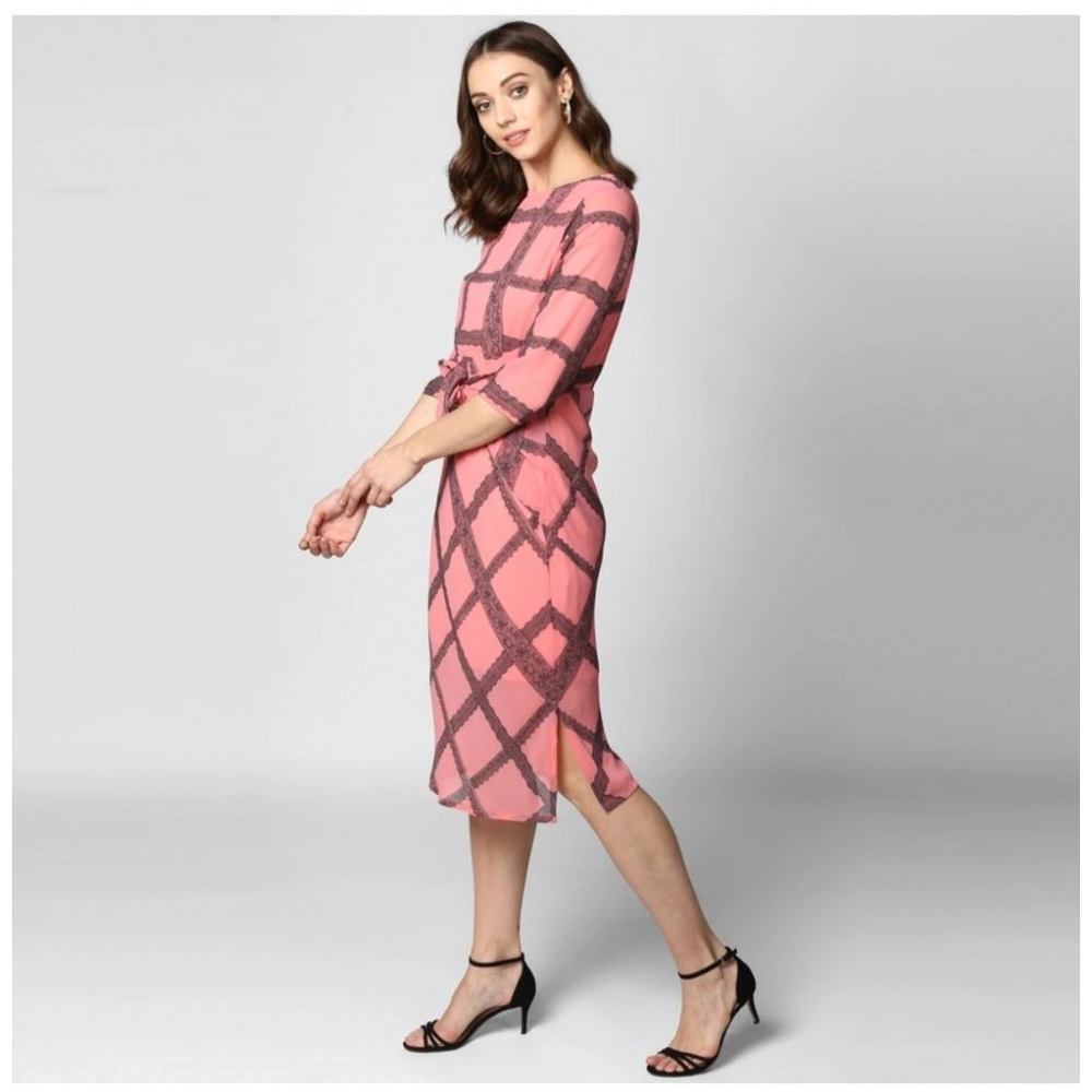 Generic Women's Polyester Checkered 3-4th Sleeves Below Knee Dress (Pink - Black) - Image 6