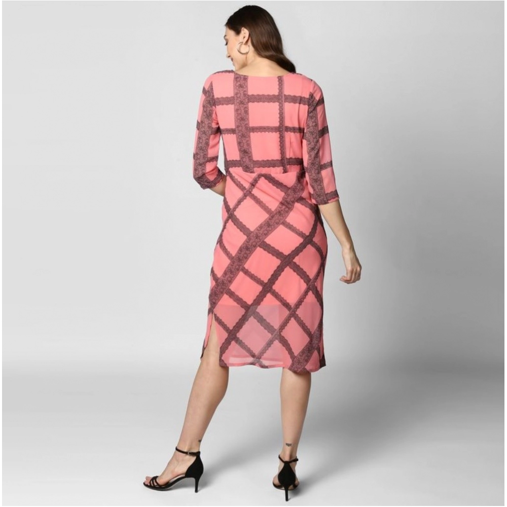 Generic Women's Polyester Checkered 3-4th Sleeves Below Knee Dress (Pink - Black) - Image 2