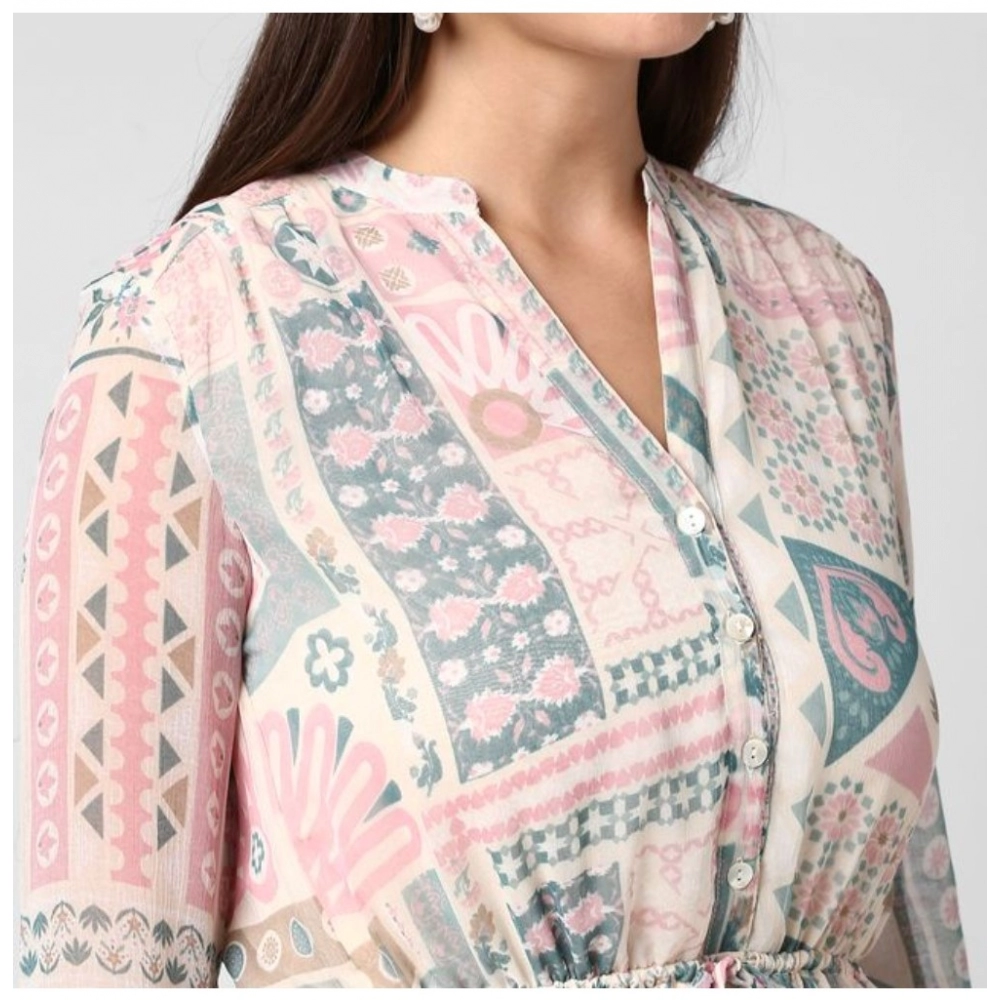 Generic Women's Polyester Printed Long Sleeves Above Knee Dress (Light Pink - Off White) - Image 7