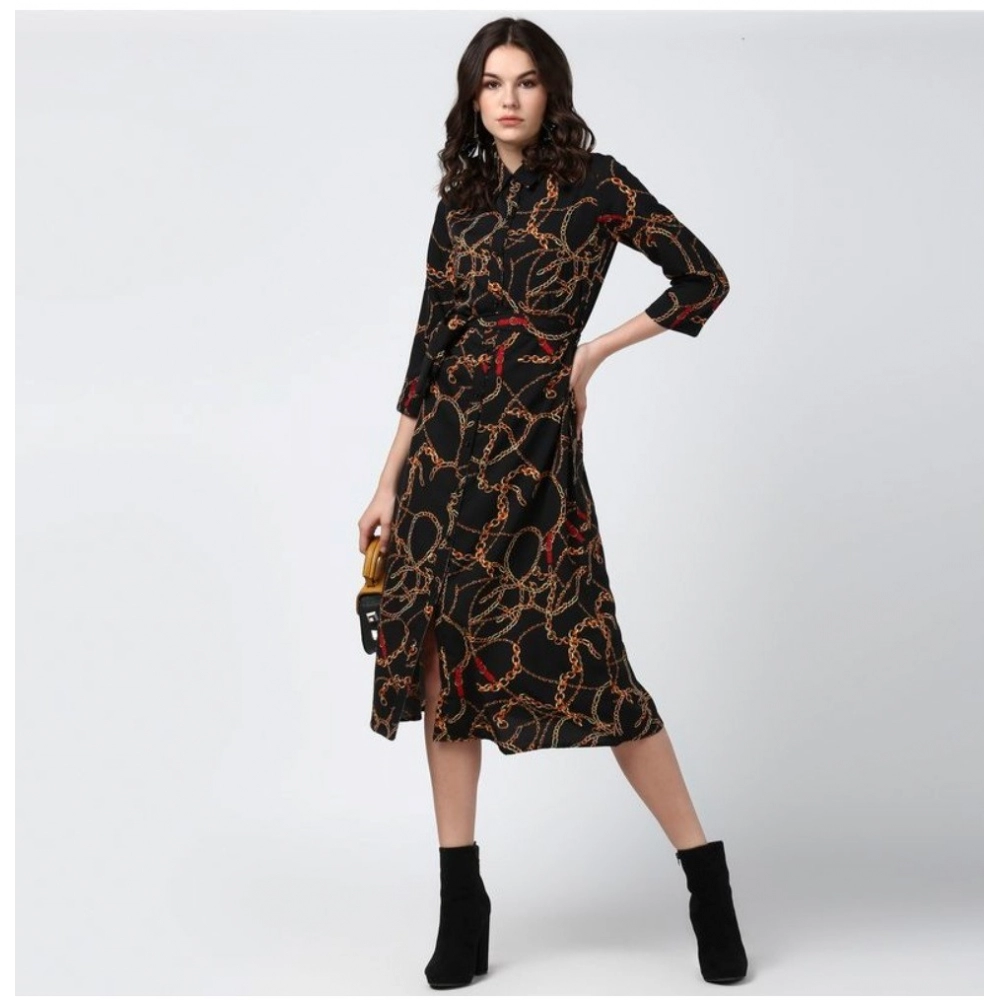 Generic Women's Polyester Chain Print Roll Up Sleeve Below Knee Dress (Black - Yellow) - Image 3