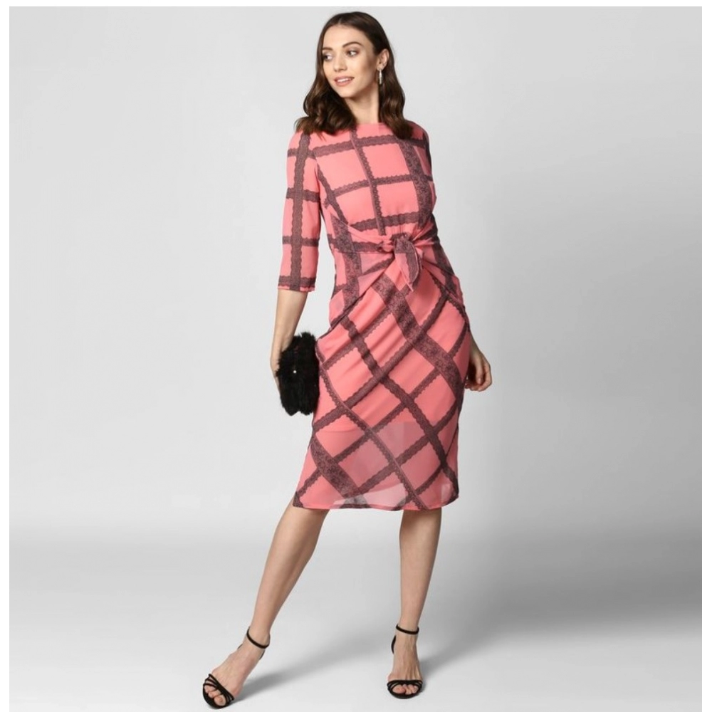 Generic Women's Polyester Checkered 3-4th Sleeves Below Knee Dress (Pink - Black) - Image 3