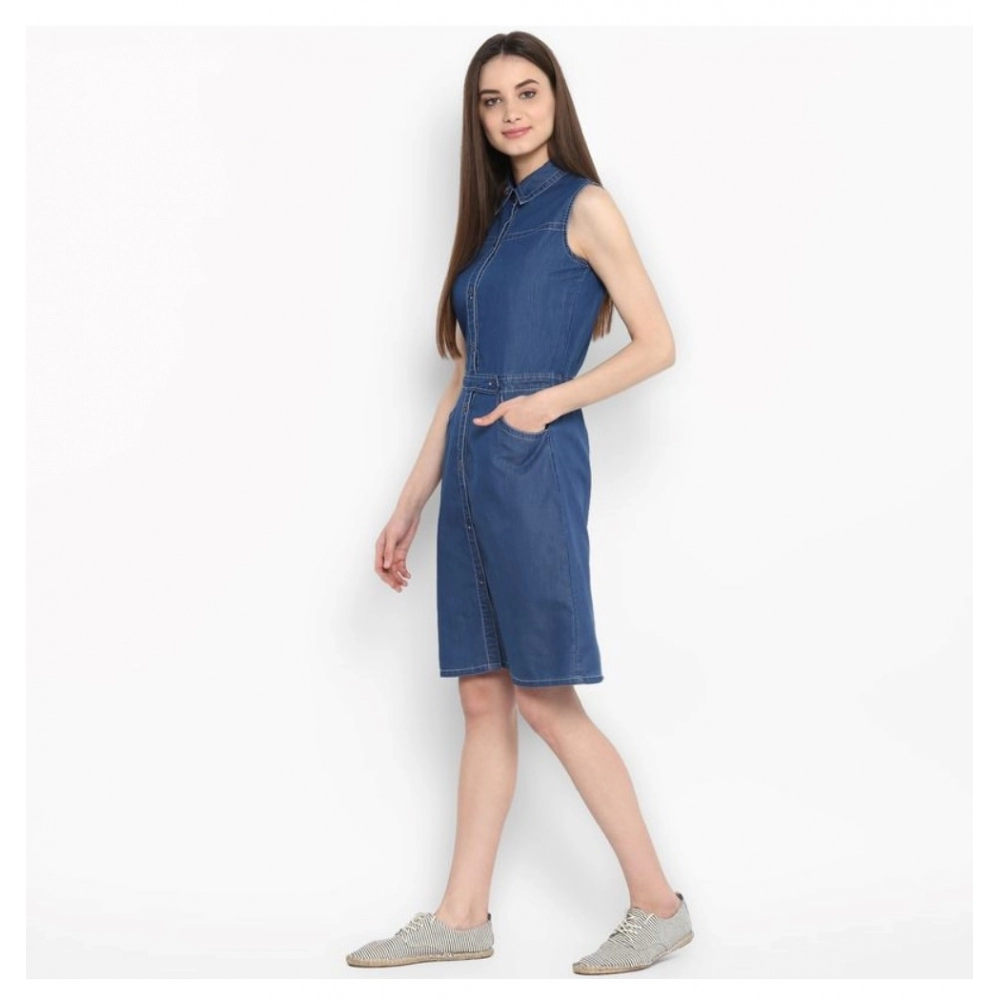 Generic Women's Denim Solid Sleeveless Above Knee Dress (Blue) - Image 6