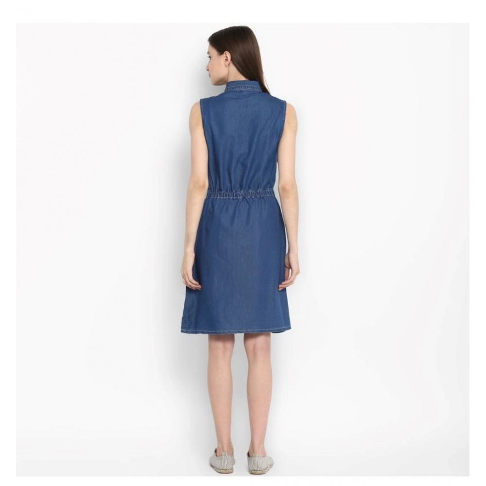Generic Women's Denim Solid Sleeveless Above Knee Dress (Blue) - Image 2