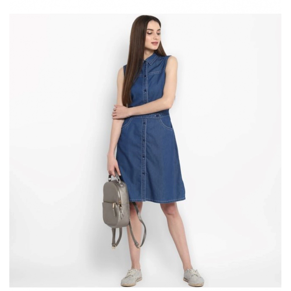 Generic Women's Denim Solid Sleeveless Above Knee Dress (Blue) - Image 3
