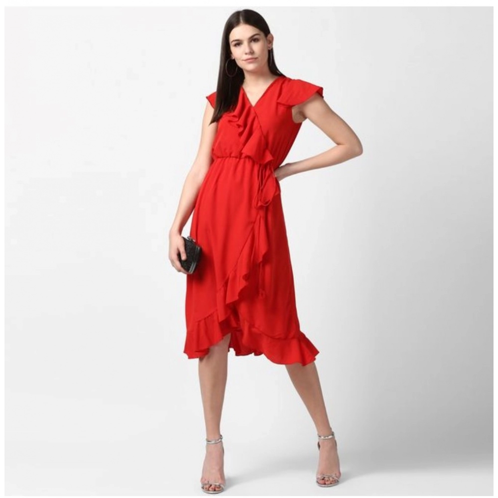 Generic Women's Polyester Ruffled Cap Sleeve Knee-Length Dress (Red) - Image 3