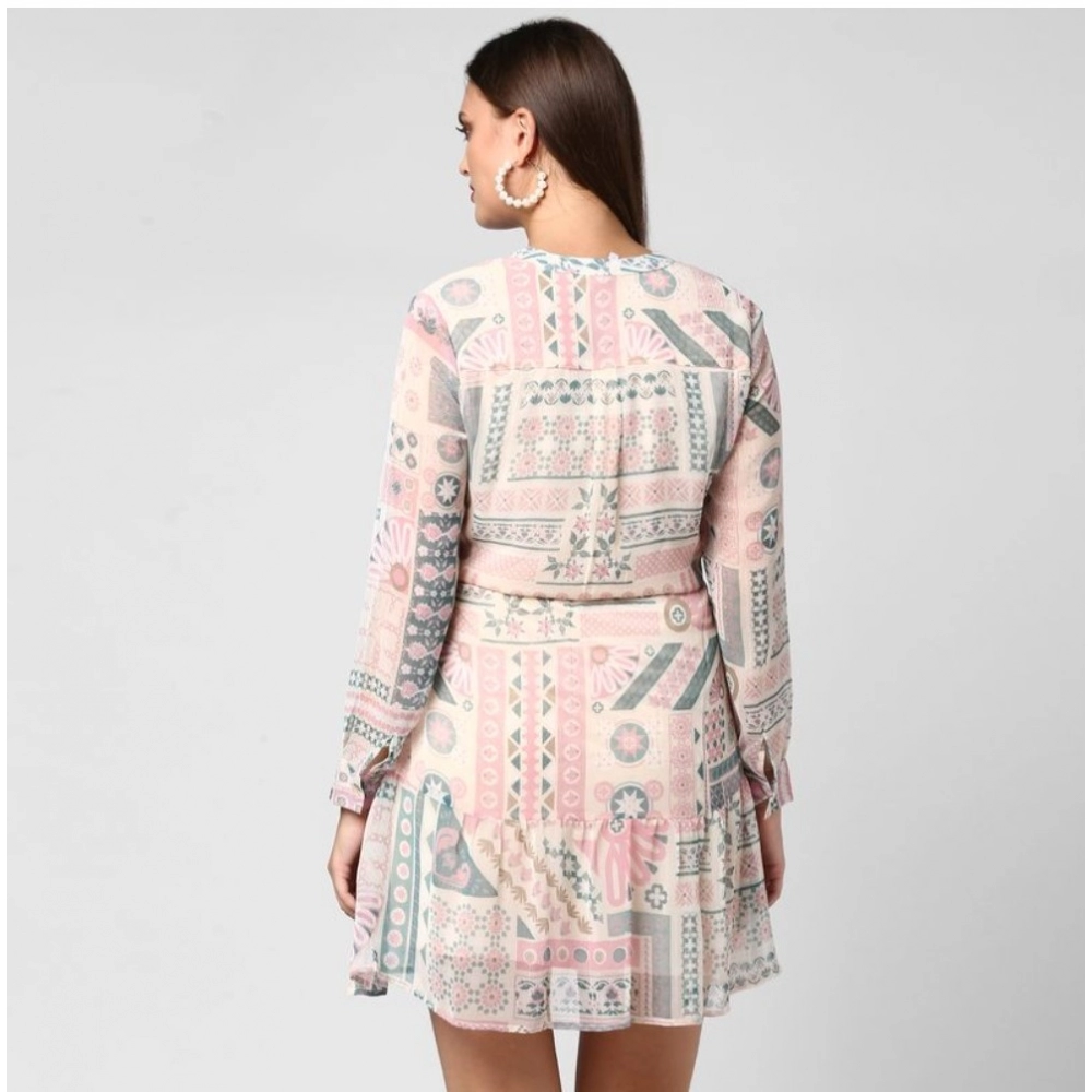 Generic Women's Polyester Printed Long Sleeves Above Knee Dress (Light Pink - Off White) - Image 2