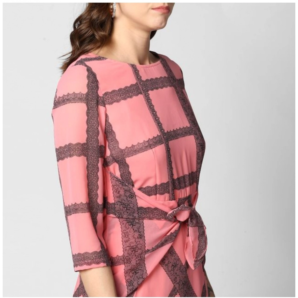 Generic Women's Polyester Checkered 3-4th Sleeves Below Knee Dress (Pink - Black) - Image 7