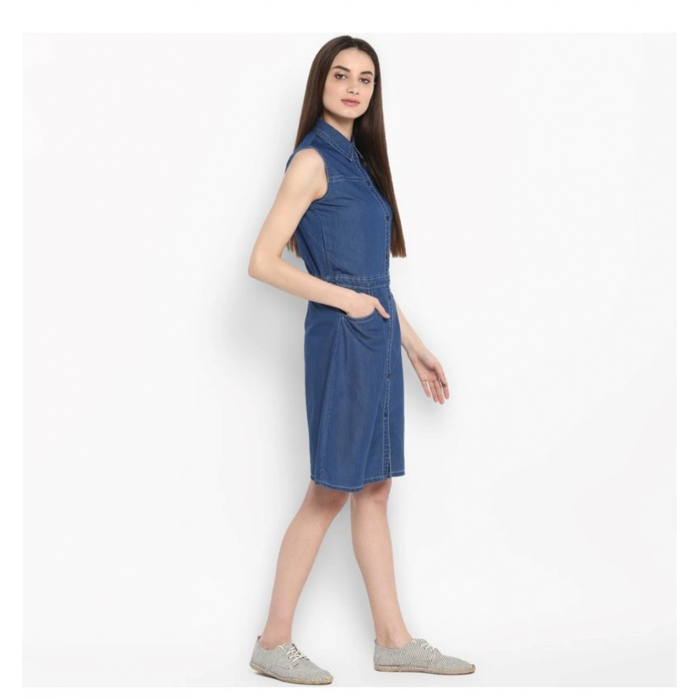 Generic Women's Denim Solid Sleeveless Above Knee Dress (Blue) - Image 5