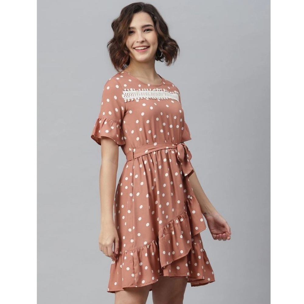 Generic Women's Polyester Polka Bell Sleeve Above Knee Dress (Brown) - Image 5