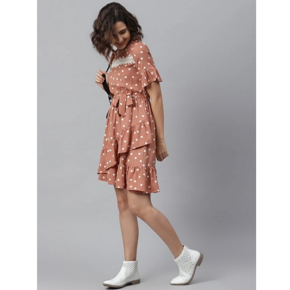 Generic Women's Polyester Polka Bell Sleeve Above Knee Dress (Brown) - Image 3