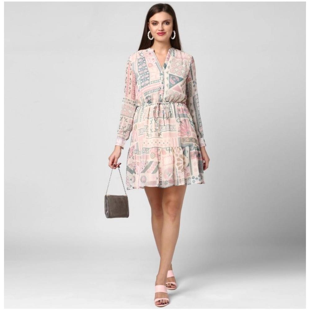 Generic Women's Polyester Printed Long Sleeves Above Knee Dress (Light Pink - Off White) - Image 3