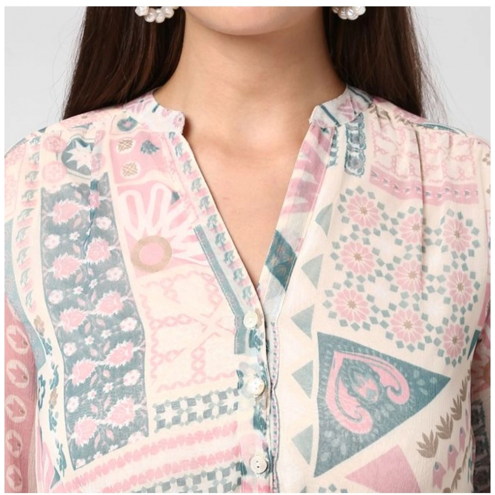 Generic Women's Polyester Printed Long Sleeves Above Knee Dress (Light Pink - Off White) - Image 6