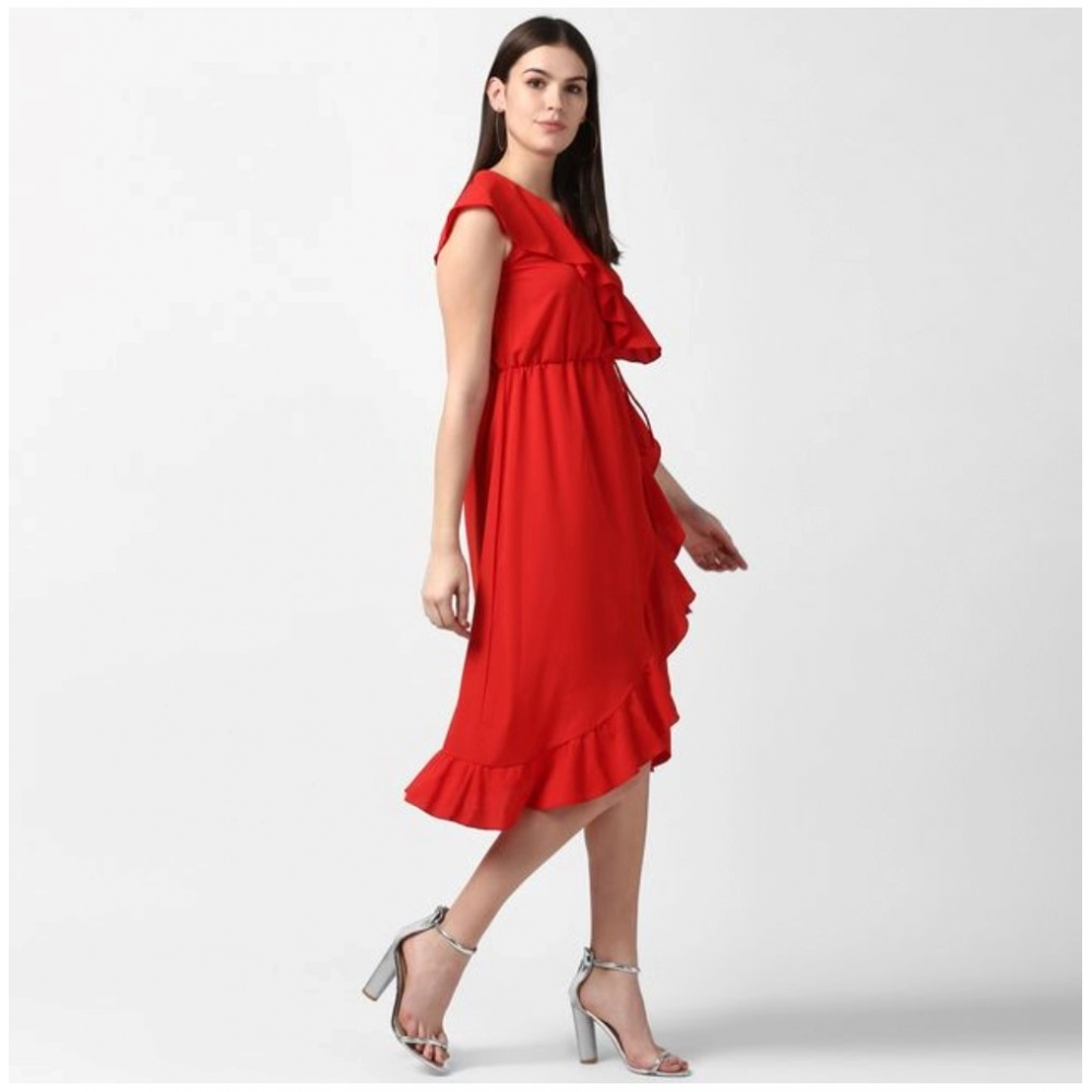 Generic Women's Polyester Ruffled Cap Sleeve Knee-Length Dress (Red) - Image 5