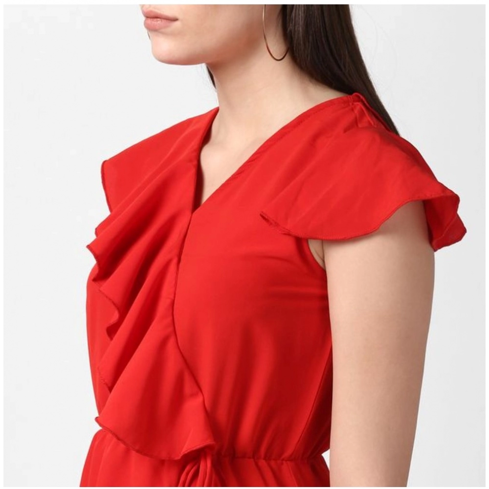 Generic Women's Polyester Ruffled Cap Sleeve Knee-Length Dress (Red) - Image 6