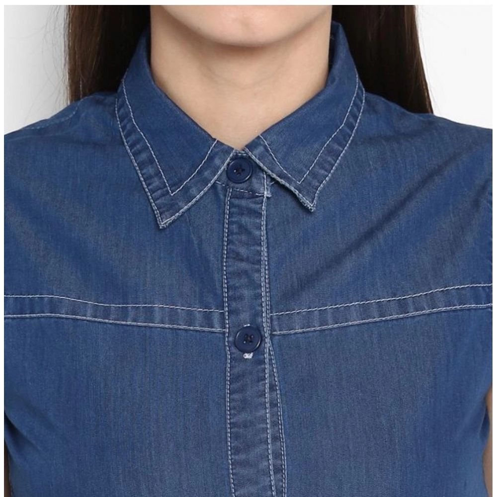 Generic Women's Denim Solid Sleeveless Above Knee Dress (Blue) - Image 7