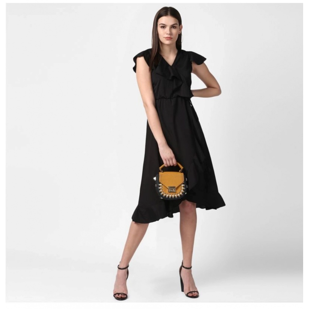 Generic Women's Polyester Ruffled Cap Sleeve Knee-Length Dress (Black) - Image 3