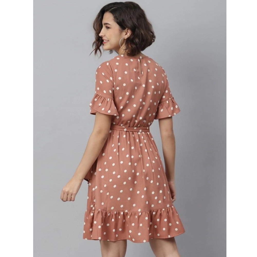 Generic Women's Polyester Polka Bell Sleeve Above Knee Dress (Brown) - Image 2