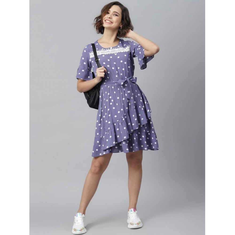 Generic Women's Polyester Polka Bell Sleeve Above Knee Dress (Lavender) - Image 3