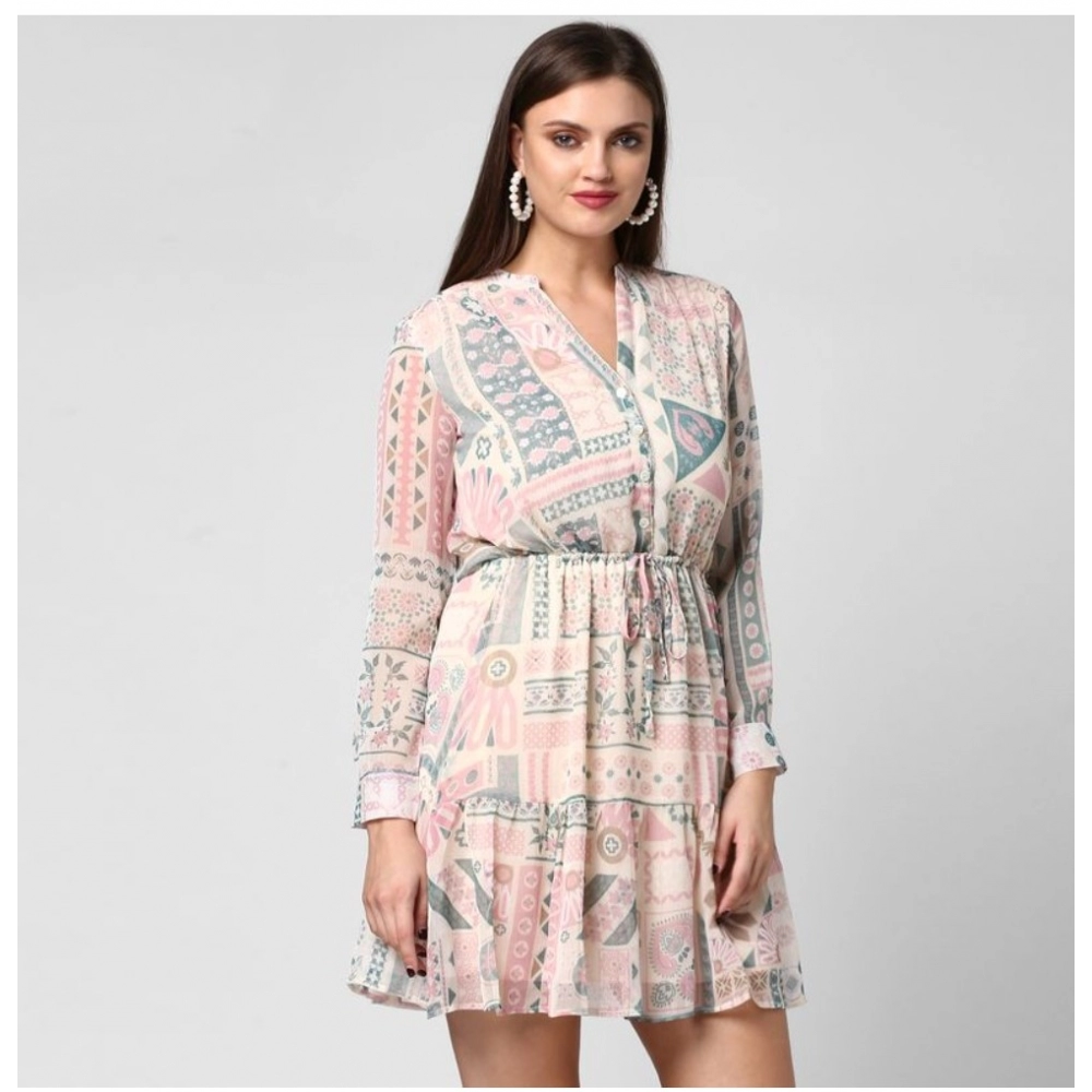 Generic Women's Polyester Printed Long Sleeves Above Knee Dress (Light Pink - Off White) - Image 5