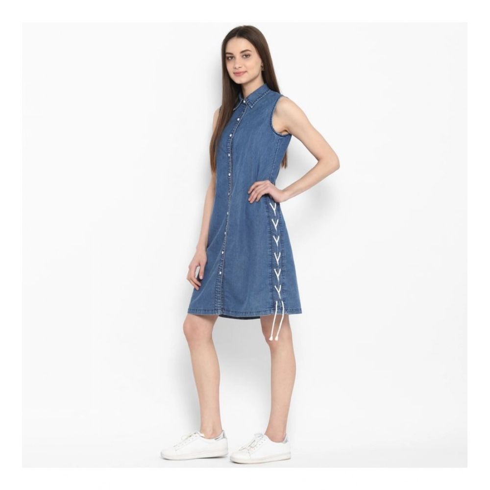 Generic Women's Denim Solid Sleeveless Above Knee Dress (Blue) - Image 6