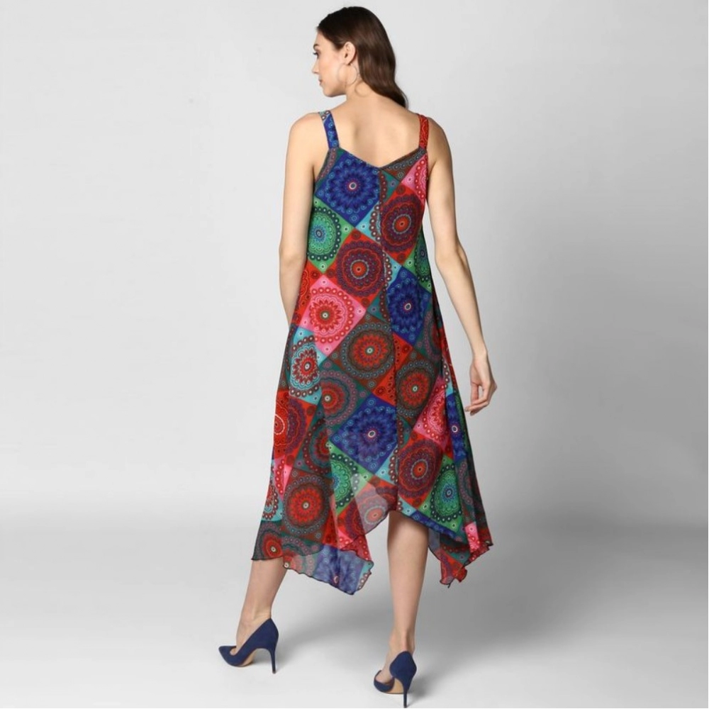 Generic Women's Polyester Asymmetrical Shoulder Straps Knee-Length Dress (Multicolor) - Image 2