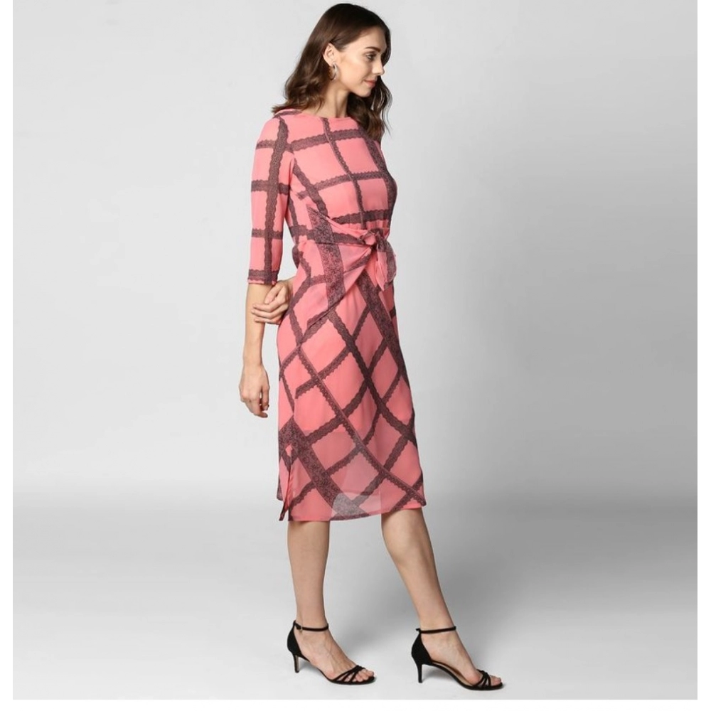Generic Women's Polyester Checkered 3-4th Sleeves Below Knee Dress (Pink - Black) - Image 5