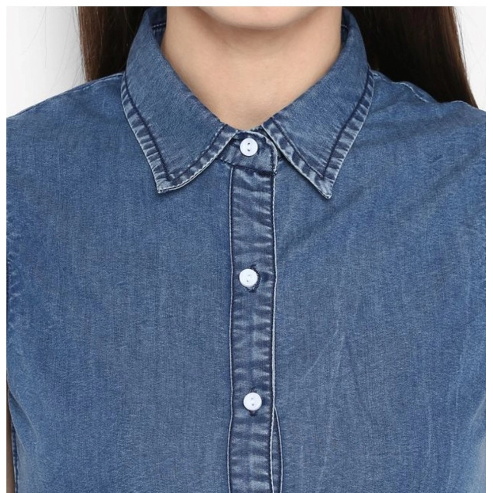 Generic Women's Denim Solid Sleeveless Above Knee Dress (Blue) - Image 7