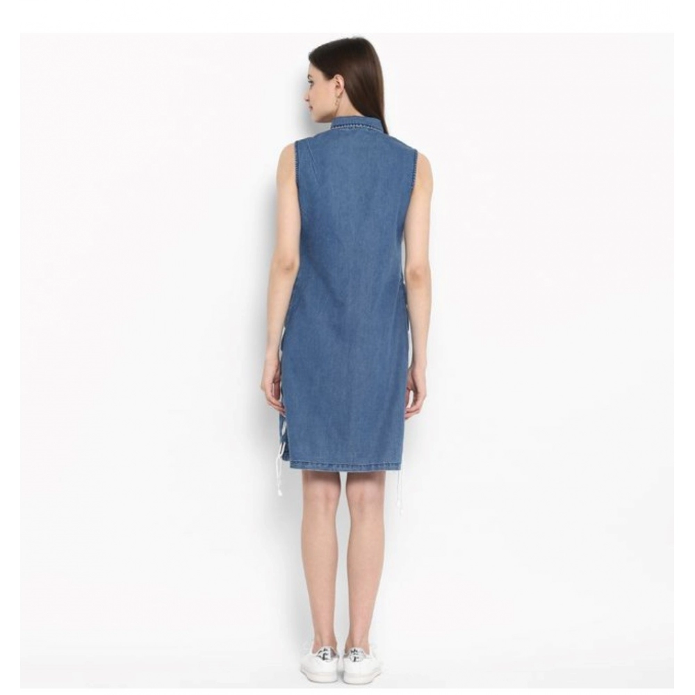 Generic Women's Denim Solid Sleeveless Above Knee Dress (Blue) - Image 2