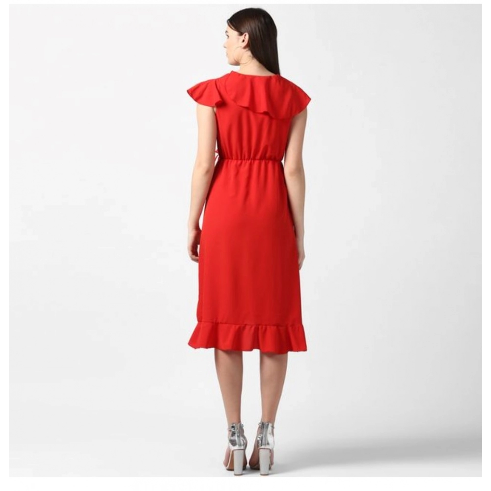 Generic Women's Polyester Ruffled Cap Sleeve Knee-Length Dress (Red) - Image 2