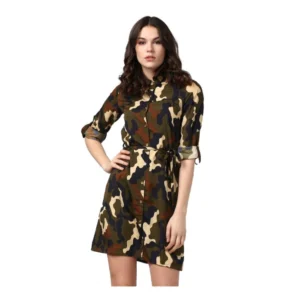 Generic Women's Polyester Printed Roll Up Sleeve Tunic Top (Green - Black)