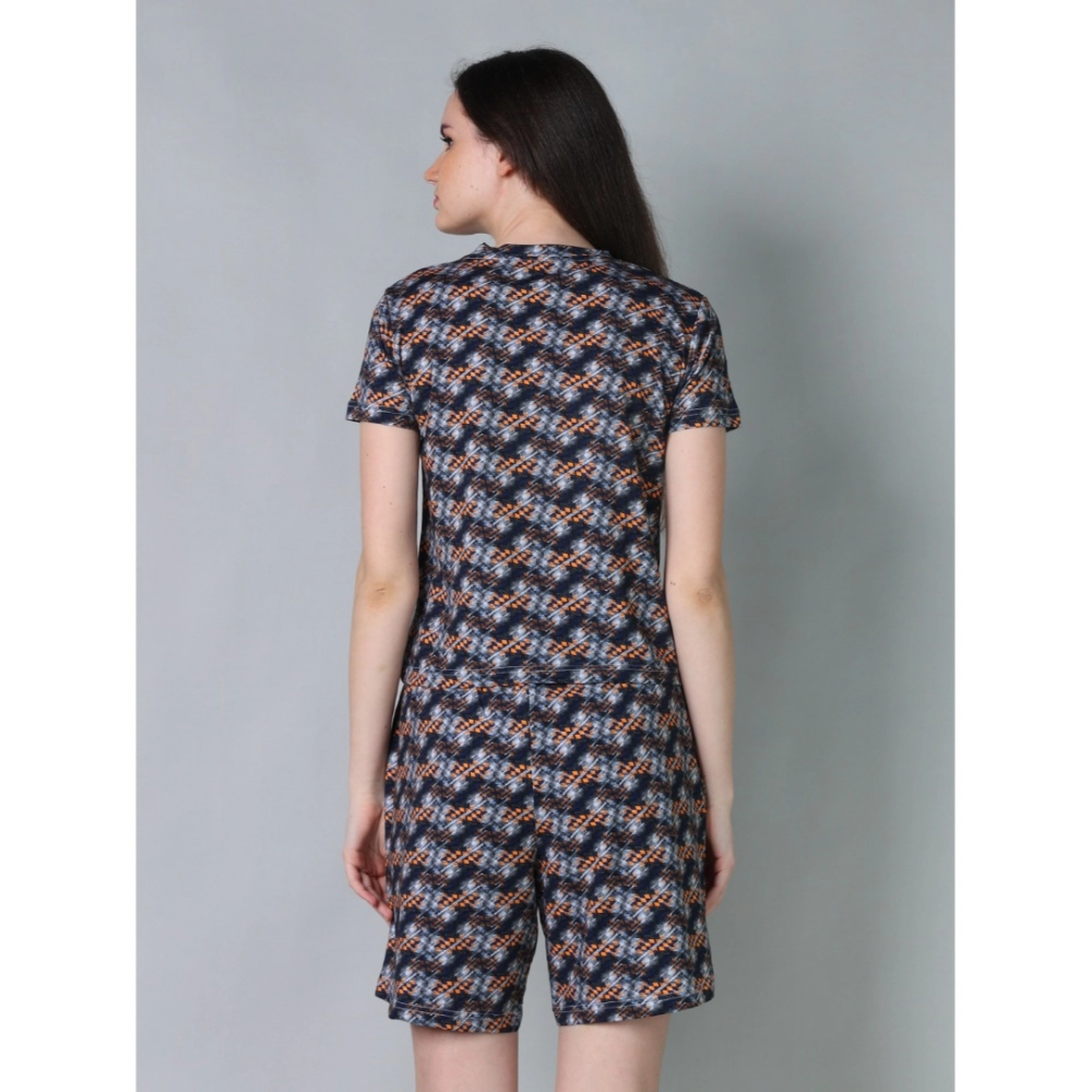 Generic Women's Cotton Blended Printed Round Neck Half Sleeve Top - Shorts Set (Blue-Brown) - Image 2