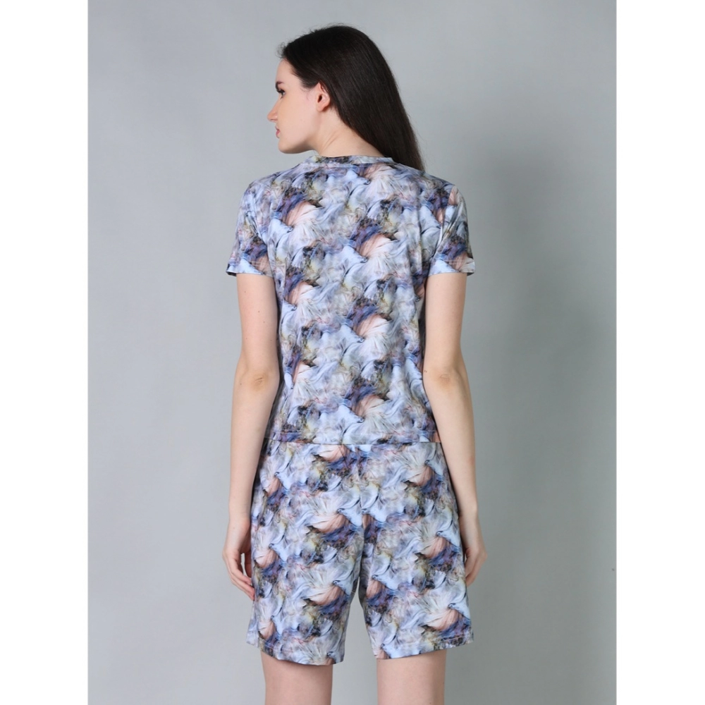 Generic Women's Cotton Blended Printed Round Neck Half Sleeve Top - Shorts Set (Blue-Peach) - Image 2