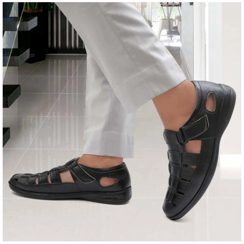 Generic Men's Casual Faux Leather Solid Velcro Sandal (Black) - Image 2