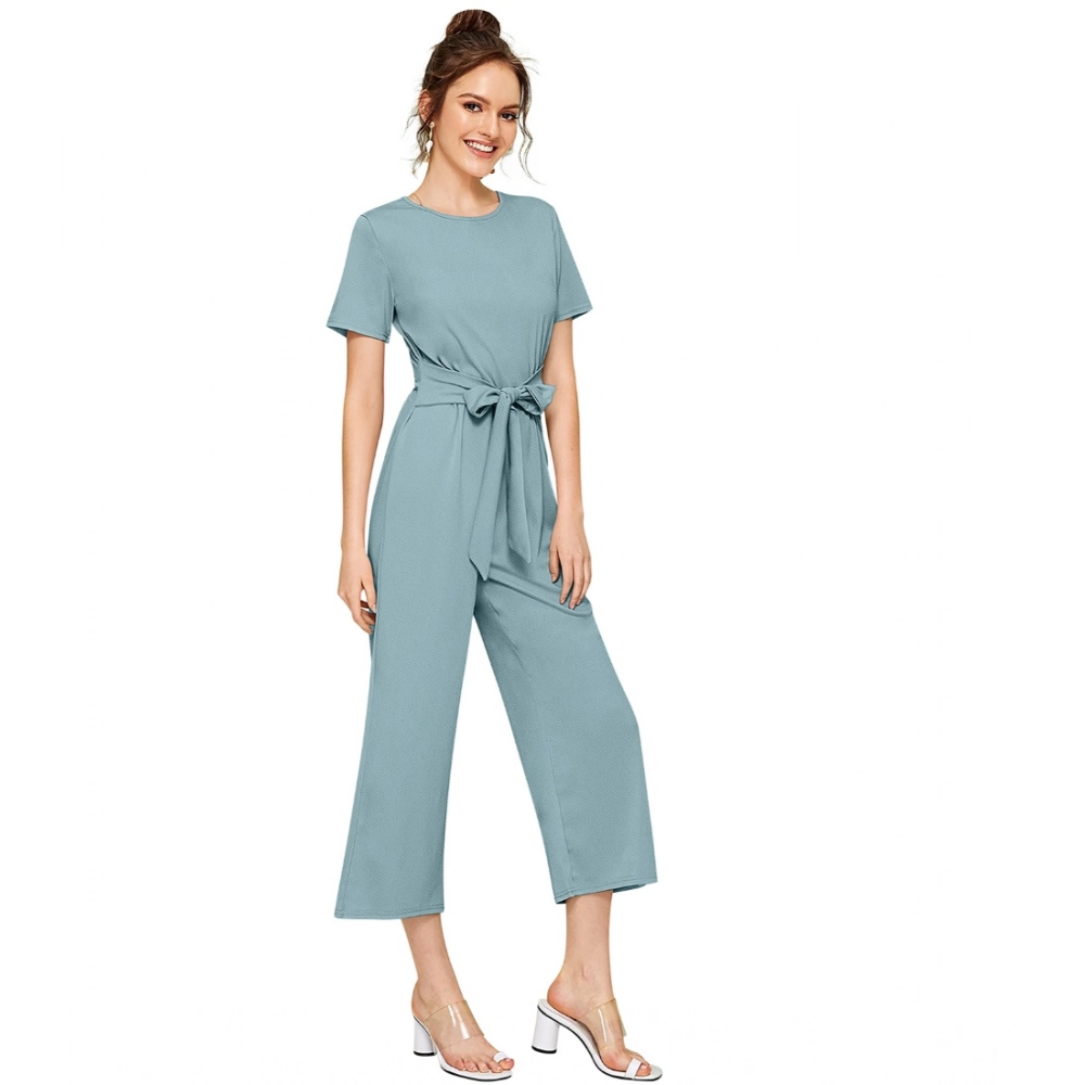 Generic Women's Knitting stretchable Solid Round Neck Cap Sleeve Jumpsuit (Pista ) - Image 3
