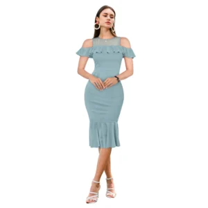 Generic Women's Knitting stretchable Solid Round Neck Sleeveless Dress (Pista )