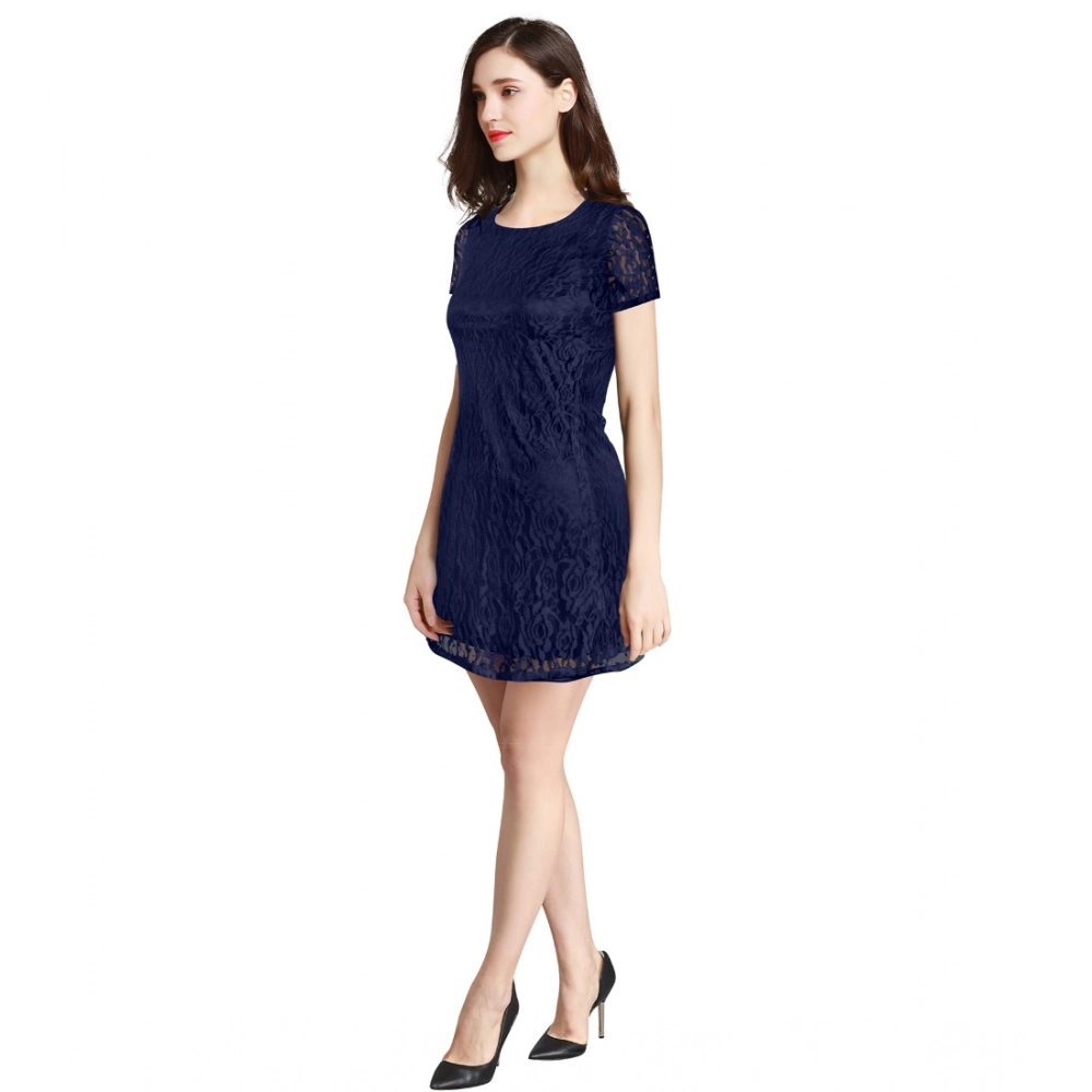 Generic Women's Rasal Solid Round Neck Cap Sleeve Dress (Blue) - Image 5